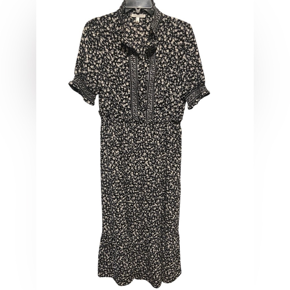 London Style Women’s Smocked Peasant Puff Slv Ruffled Neck Floral Midi Dress 14P